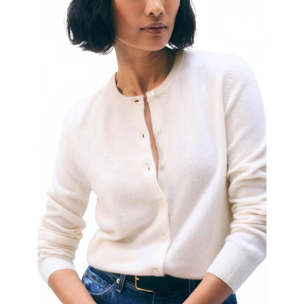 NEW WHITE + WARREN brushed cashmere crewneck cardigan in ivory - Picture 3 of 4